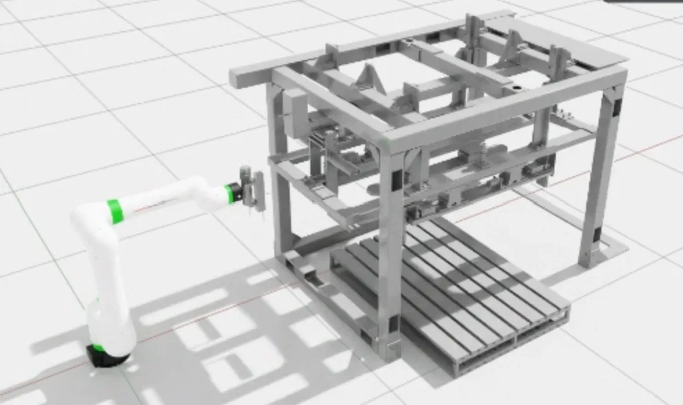 梱包工程を自動化するロボットシステムのシミュレーション画面